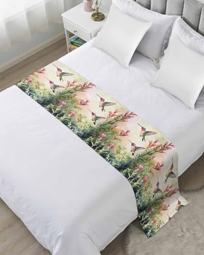 DecorLovee Hummingbird Red Floral Bed Runners for Cal King Size Bed, Decorative Bed Throws for Foot of Bed, Rustic Botanical Green Ombre Bed Runner Sofa Throw Bedding Scarf Protector for Bedroom