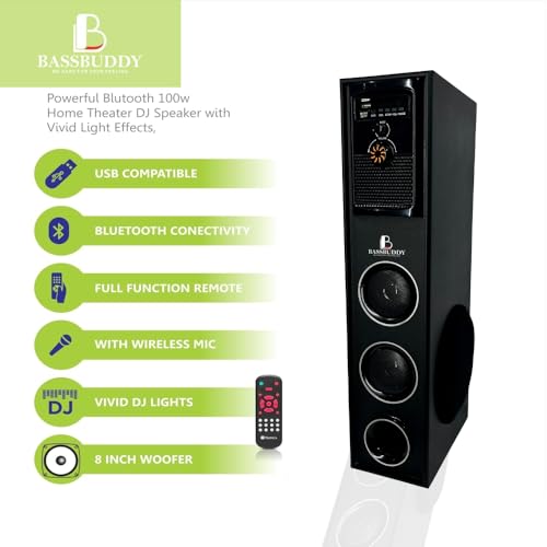 Image of BASSBUDDY Single Bluetooth Tower Speaker Music System for Home TS 50 - Wooden Cabinet Subwoofer Echo Sound - 100W Home Theater - Remote Controlled Display - Support FM, Karaoke,AUX, USB.