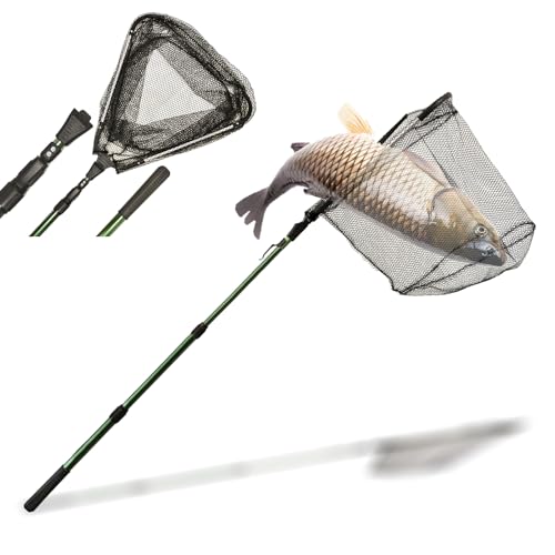 Épuisette de Pêche Pliable,150cm Long Manche Téléscopique,Poteau en Alliage d'Aluminium 3 Section/Filet Nylon Triangulaire,Extensible de 37 à 68 Pouces,pour Carpe Truite Crevette Etang Bassin Poisson