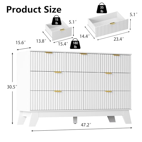 Image of White Dresser 7 Drawer Dresser for Bedroom, 47''W Fluted Wooden Dresser Storage Cabinet and Chest of Drawers with Metal Handle, Storage Organizer for Living Room, Hallway, Entryway