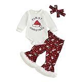Rourufy My First Christmas Babby Girl Outfit Newborn Santa Onesie Flare Pants Set Infant Romper Bell Bottom Winter Clothes (E First Christmas White, 0-3 Months)