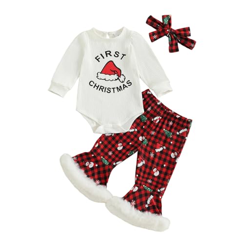 My First Christmas Baby Girl Outfit Newborn Long Sleeve Romper Santa Flare Pants Headband 3Pcs Cute Xmas Clothes