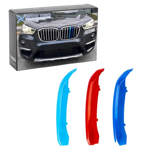Image of x xotic tech Iconic 3-Color Tri Grille Insert Trims Strips, Front Center Kidney Grilles Compatible with BMW X1 F48 2016 2017 2018 2019 (7-Beams Standard Grill)