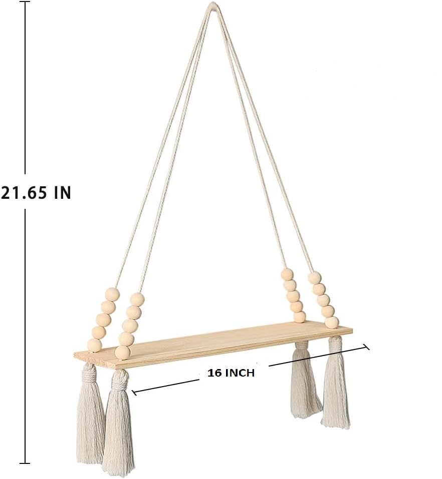 Image of Macrame Wall Hanging Shelf for Home Decor, Bohemian Floating Wooden Shelve for Bedroom, Living Room, Nursery and Marriage Party Decoration, White, 16X5X24 Inches (Large, 1-Piece)