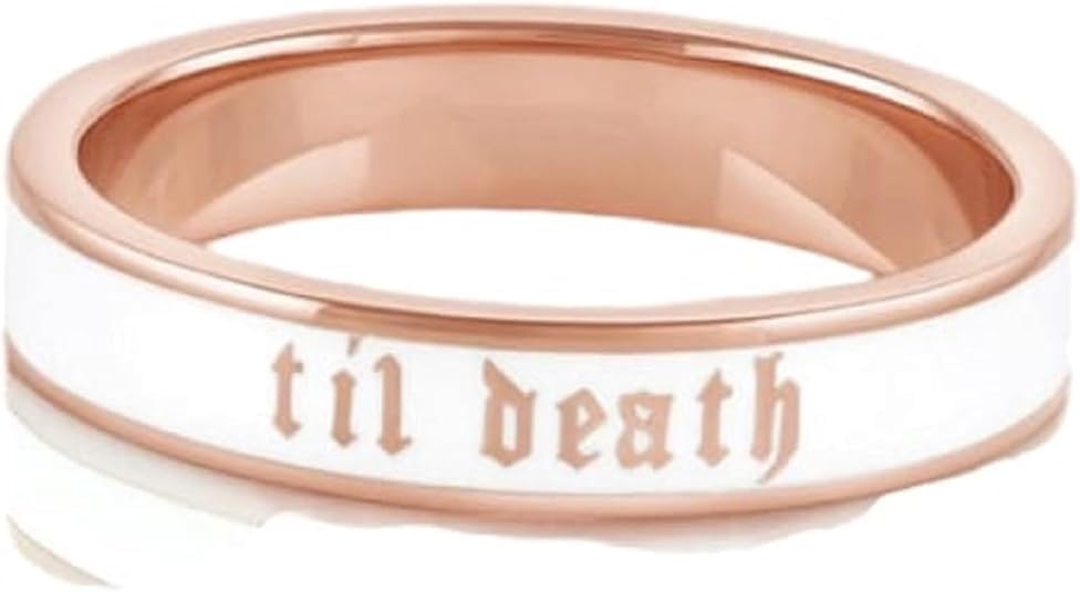 6mm and 4mm Wide Til Death Rose White Enamel Ring,Sterling Silver Band with White Engraving, Gothic Wedding or Promise Ring, Stacking Anniversary Band, Personalized Jewelry for Her