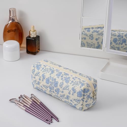 JOVAKIT 2Pcs Makeup Bag Quilted Cosmetic Bag for Women Girls, Floral Coquette Cotton Toiletry Zipper Make Up Pouch, Travel Storage Organizer Pouch (Blue Floral)3