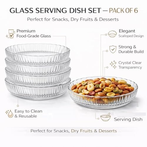 Image of Glassbunny 300ML 6-Piece Ribbed Glass Serving Dish Set - Versatile Round Glassware for Snacks, Desserts, and Appetizers