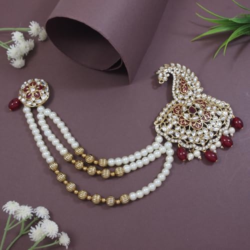 Image of I Jewels Gold Plated Traditional Stone Pearl Drop Safa Kalangi Brooch for Groom /Men /Dulha Pagadi (SM70M)