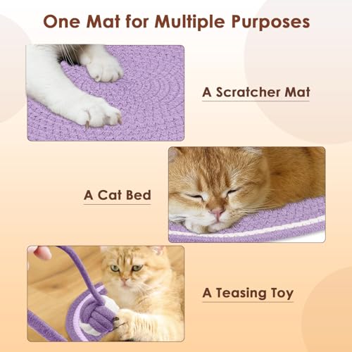 Image of Letalong Cat Scratcher Mat, Natural Cotton Rope Cat Scratch Pad, 15.7'' Round Horizontal Floor Cat Scratching Pads for Indoor Cats, Cat Furniture Protector for Wall, Couch, Carpets, Sofas, Purple