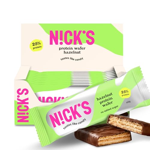 NICKS Protein Wafer Riegel Haselnuss | 25% Eiweiß | 203 Kalorien | Low carb Proteinriegel Schokolade Snacks ohne Zuckerzusatz Glutenfrei (24 Eiweißriegel x 40g)