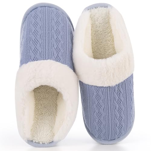 LOKIMSI Women's Knit Winter Slippers Warm and Comfortable Faux-fur Lining with Memory Foam Cushioning Silent, Slip-resistant Rubber Sole Versatile Indoor/Outdoor Home Footwear