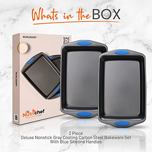 Nutrichef 2-Piece Baking Pan Set - Pfoa, Pfos, Ptfe Free Flexible Nonstick Gray Coating Carbon Steel Bakeware - Professional Home Kitchen Bake Cookie Sheet Stackable Tray W/Blue Silicone Handles #TOP7