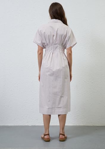 Image of calbatic Women Striped Button Down Pleated Shirt Dress Summer Short Sleeve Ruffle A Line Swing Long Blouse Midi Long Dress