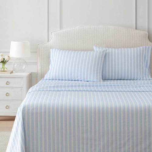 Image of Martha Stewart - Full Size Sheets Set, Crisp & Tailored Cooling Sheets with a Smooth Cotton Percale Lightweight Feel - Bed Sheets with Matching Pillowcases & Fitted Sheet (Francesca Stripe Blue)