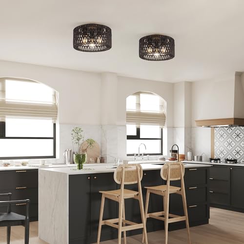 Rattan Ceiling Light Fixture, 3-Light Bohemian Modern Woven Ceiling Light, Black Boho Flush Mount Ceiling Light for Bedroom Living Room Dining Room, Bulb Not Included by Rpzloila - Image 2