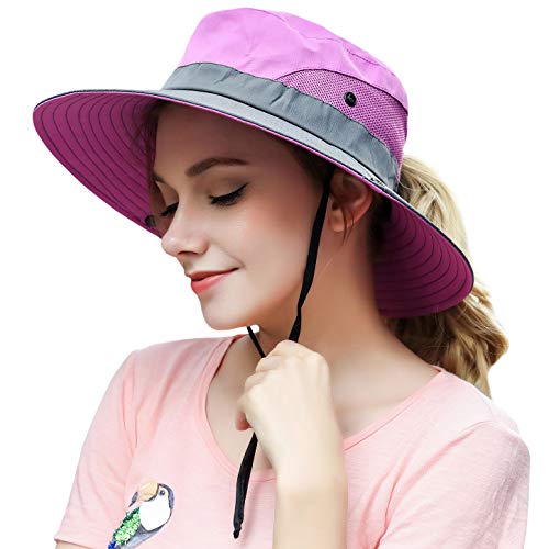 Muryobao Womens Outdoor Sun Hat Ponytail UV Protection Wide Brim Mesh Foldable Safari Beach Fishing Bucket Cap 2 Pack Pink & Purple