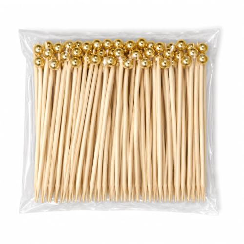 Image of Somani Decorative Bamboo Cocktail Gold Pearl Picks | Fancy Food Picks for Appetizers, Drinks & Garnish | Cafe, Lounge, Bakery, Catering & Home Entertaining | Pack of 100