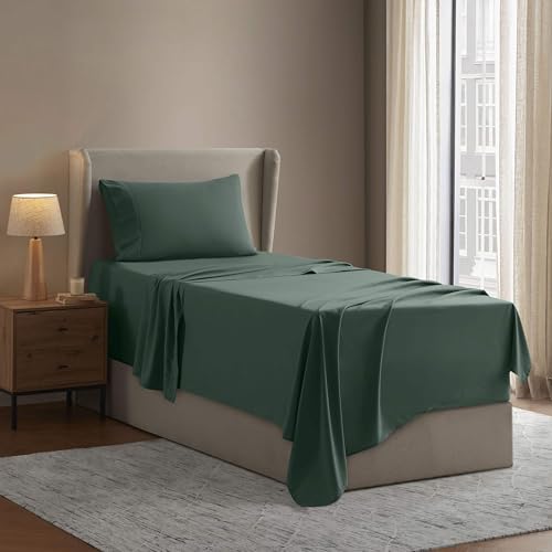Image of Nestl Twin Bed Sheet Set - Dark Green - 3-Piece Deep Pocket | Instantly Soft, Night-One Ready (No Wash Required). Fits 16-Inch Deep Pockets, 360-Degree Elastic Grip