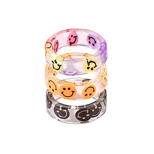 Forubus 3Pcs Acrylic Smile Face Ring Funny Smiling Face Transparent Resin Chunky Rings Band For Women Girls Cool Jewelry #TOP7