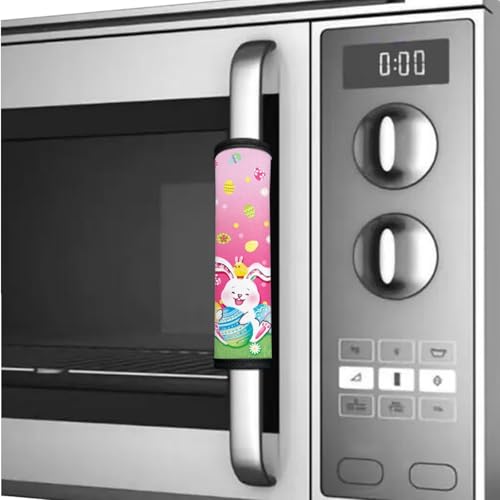 Image of Fridge Door Handle Covers Set of 6 Kitchen Appliance Decor Handles Glove Anti-Slip Protectors Easter Refrigerator Decor Accessories, White Bunny Daisy Easter Eggs Print Pink