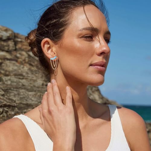 OSIANA Evil Eye Crown Dangle Earrings for Women, 14K Gold Plated Studs Created Turquoise Cubic Zirconia Chain Drop Spiritual Protection Jewelry3