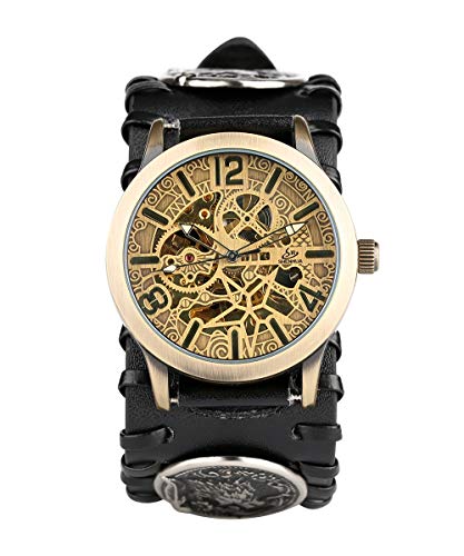 Chic Wolf Waterproof Automatic-self-winding Wrist Watches for Male, Punk Automatic Mechanical Skeleton Leather Watch for Men, Black Tough Style Automatic Mechanical Watches for Friend - WuHu Ren Store