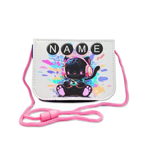 Kinder Brustbeutel mit Name und Schriftartwahl | Klettverschluss mit Schnur zum Umhängen und Klarsichtfach | Geldbeutel personalisiert | 3 Farben (Zocker-Mieze)