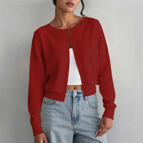 Chic Red Cardigan Sweater for Women | Casual Lightweight Crew Neck in Small - Image 3