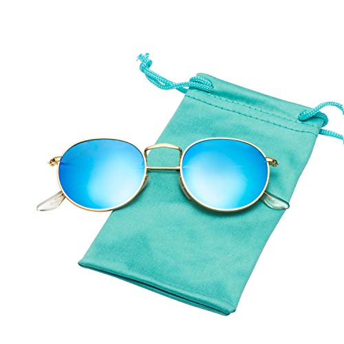 LianSan Classic Retro Metal Frame Round Circle Mirrored Sunglasses for Men and Women Glasses 3447 Sky Blue Glass Lens