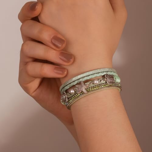 FANCY SHINY Turtle Starfish Leather Wrap Bracelet Boho Rhinestone Pearl Cuff Bracelet with Magnetic Clasp for Women2