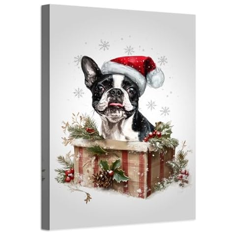 YOUHONG Christmas Pictures Wall Decor Boston Terrier Wall Art Dog Art Christmas Canvas Wall Art Dog Art Boston Terrier Canvas Christmas Art Animal Poster for Living Room Decor (12''Wx18''H) Cover