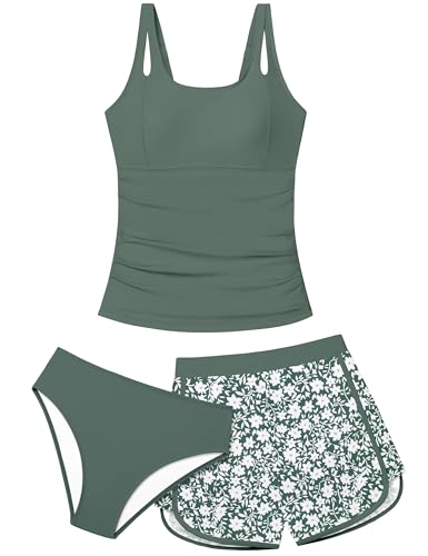 Aulyffo Bathing Suits for Tweens 12-14 Teen Swimsuits for Girl 12-14 Girls Tankini Swimsuit Sets Ruched Swim Tank Top with Bottoms and Boyshorts 3PCS Girls' Swimwear Green