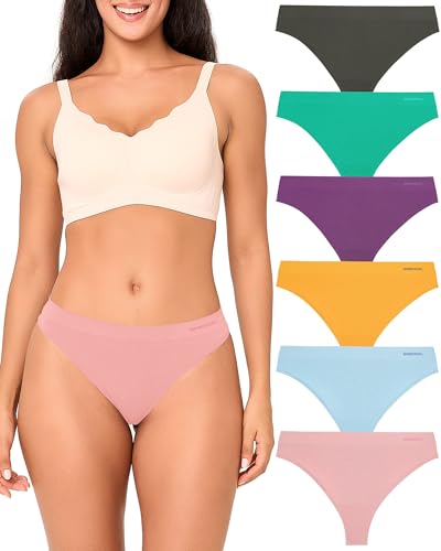 BAMBOO COOL Women's Thongs Seamless Moisture-Wicking Breathable Underwear High Stretchy Mid Waisted Panties Tagless 6 Pack