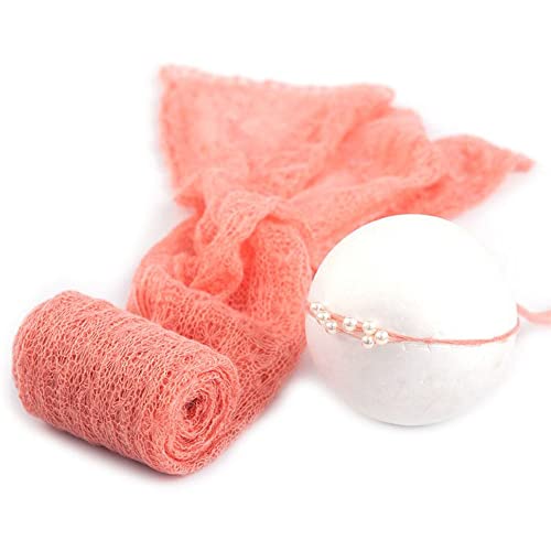 D&J DON&JUDY Stretchy Knit Mohair Wraps with Matched Headwear Set Newborn Photography Prop Photoshoot Accessories (Bright Coral Pink)