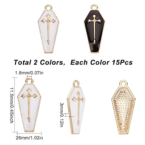 SUNNYCLUE 1 Box 30Pcs Coffin Charms Gothic Style Halloween Enamel Charm Black White Golden Cross for jewellery Making Cham Necklace Earrings Bracelets Keychain Men Women DIY Supplies - Image 2