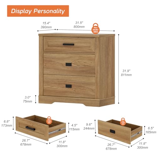 Image of WAMPAT 31.5 inch Wide Large Nightstand Set of 2, 32 inch Tall Oversized Modern Farmhouse Bedside Table with Large Drawers 2-Piece Set for Bedroom, Walnut Oak