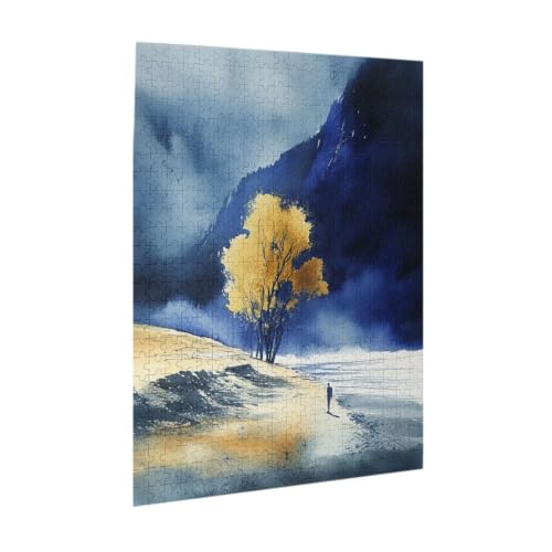 RMYRHQ Dreamy Moody Blue Tone Watercolor Single Golden Autumn Tree Wooden Puzzles for Adults 500 Pieces Warm Fall Grassland Landscape Puzzle Ideal for Nature Lovers New Year and Holiday Presents - Image 3