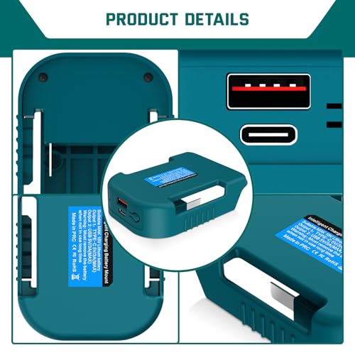 2-Pack USB Akku Adapter für Makita 18V Li-Ion Akkus, Akku Halterung, Power Battery Connector, Mobile Ladegerät-Adapter mit USB und Typ-C Schnellladung Power Wheel Adapter (nur Adapter)