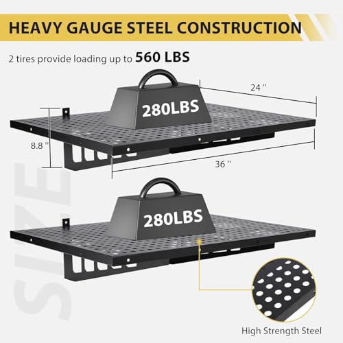PeakPursuit 1.6x4 ft Heavy Duty Wall Mounted Shelves 2 Pack, 800 LB Capacity Metal Floating Shelves for Garage Storage, Workshop & Basement Organization by PeakPursuit - Used condition - Image 4