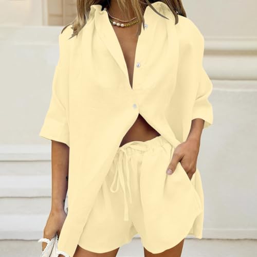 Womens Summer Clothes Women's 2 Pieces Outfit Ladies Co Ord Set T-Shirt Top + Shorts Y2k Aesthetic Summer Clothes Streetwear Loungewear Yellow-1 S - Image 5
