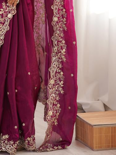 Image of AKHILAM Women's Shimmer Satin Sequence Embroidery Saree With Unstitched Blouse Piece(AARYAN21401 KR Parent)
