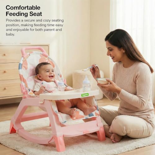 Image of Baybee Baby Rocker & Bouncer Chair for 0-3 Years | Baby Feeding Chair with Push Rocker Mode, Adjustable Canopy, Hanging Toys, 360 Wheels & 3-Point Safety Belt (Pink)
