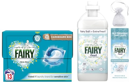 Fairy Non Bio Pods, Laundry Washing Capsules, for Sensitive Skin, 13Pods + Fairy Fresh Fabric Conditioner, 30Washes, 1.05L + Fairy Fresh in Wash Scent Booster Beads, Almond Milk & Manuka Honey, 176gr
