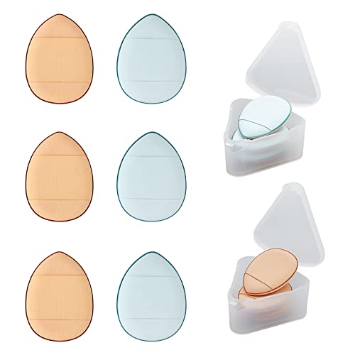 WishLotus 6Pc Mini Finger Powder Puff, Drop-Shaped Makeup Sponges for Foundation, Reusable Loose Powder Puffs with Small Case for Women&Girls and Makeup Setting Wet & Dry(Blue+Nude)