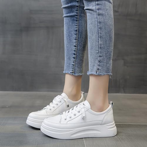 Women's Comfortable Platform Thick Sole White Sneakers Fashion Casual Low Top Lace Up Soft Non-Slip Walking Shoes 5