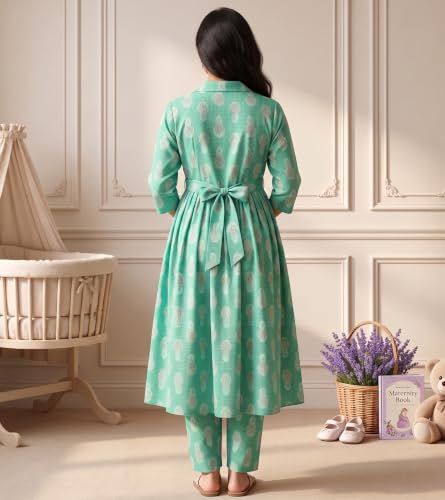Image of DUMMY SHAPE Maternity Dresses for Women Cotton | Floral Kurta Pant Dupatta Set with Nursing Zippers, Side Pocket | Pre & Post Pregnancy | Feeding Kurti Suit | Baby Shower | Gifts for Pregnant Woman