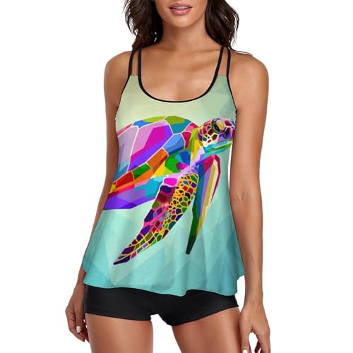 Maillot de bain tankini femme imprimé tortue géométrique avec shorty et robe de plage