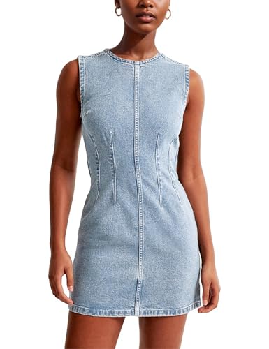 Image of Daacee Women's Sleeveless Bodycon Denim Mini Dress Sleeveless Waist Tucks Zipper Short Tank Jean Dresses Concert Outfits