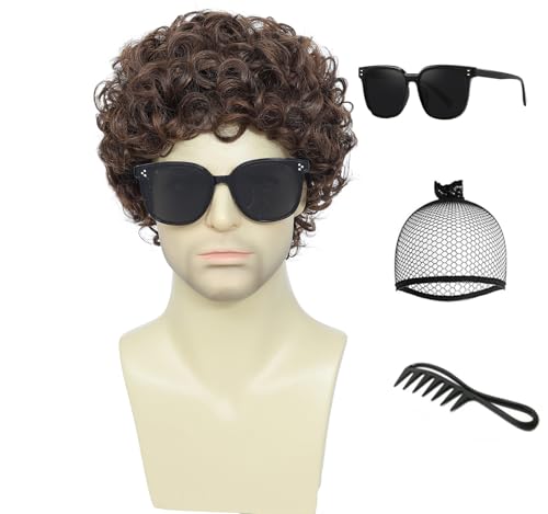 Airhostess Mens Short Afro Curly Wig for Male,70s 80s Disco Guy Rocker,Halloween Cosplay Fancy Wigs for Daily Party Costume (Medium Brown)