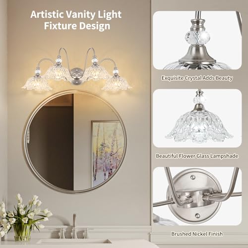 Image of Brushed Nickel Bathroom Vanity Light, 4-Light Vanity Light with Floral Clear Glass Shades, Brushed Nickel Wall Mount Lighting for Bathroom, Dressing Table